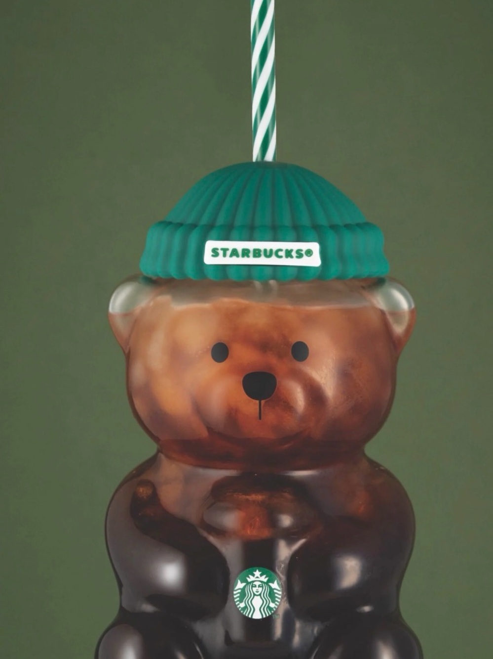 Starbucks Clear Bear Cup with Green Beanie Lid and Striped Straw - Picture 2 of 5
